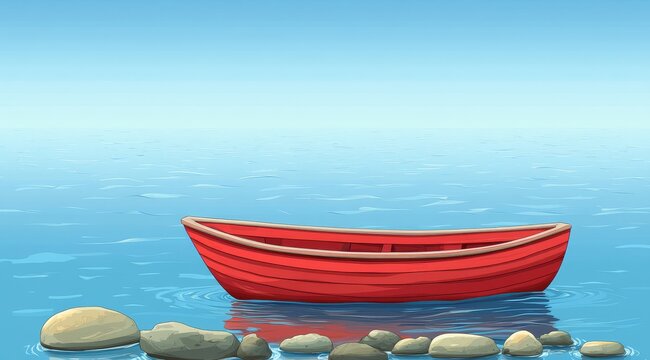 A small red boat floating in the water, vector illustration in the style of a cartoon style, simple flat design, clear lines, blue background, rocks on the bottom of the frame, high resolution,