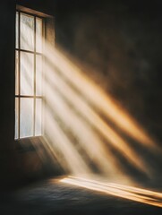Naklejka premium Light rays streaming through a window, photography with a dark background, and subtle light coming from the left side of the room., high quality, multi-detail, HD, 8K,