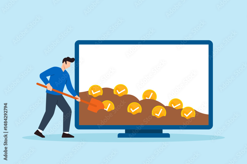 Poster flat illustration of remote worker digging checklist tokens from soil on screen to symbolize product