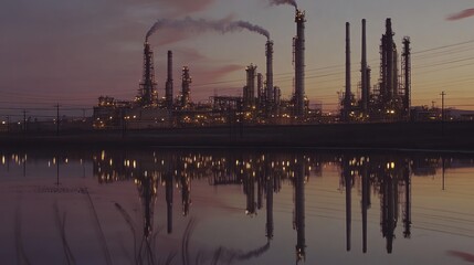 Fototapeta premium Industrial complex reflecting in water at dusk, creating a surreal cityscape