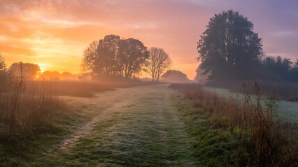 Picturesque sunrise over a misty path surrounded by trees and fields