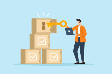 Flat illustration of remote worker unlocking achievement boxes with checklist symbols using digital key for goal success and task milestone