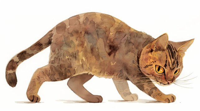 Watercolor painting of a cute and creepy brown kitten walking on all fours, in the style of a clipart illustration, on a white background