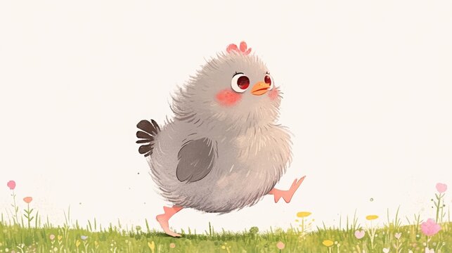 A cute gray chicken with red eyes walking on grass, illustration in the style of ink painting, with simple lines, white background, simple drawing, simple details,