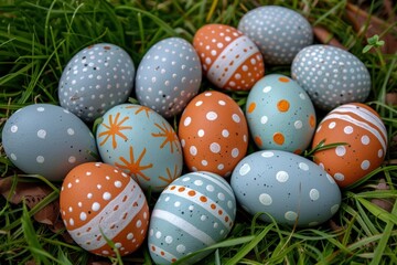 Fototapeta premium Colorful, hand-painted Easter eggs with polka dot and stripe patterns rest on green grass outdoors.