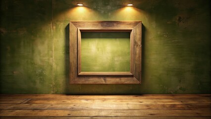 A dimly lit room with an empty square frame on the olive wall, illuminated by a spotlight casting a warm glow, emphasizing the rustic charm of the space , wood tone accents, rustic charm