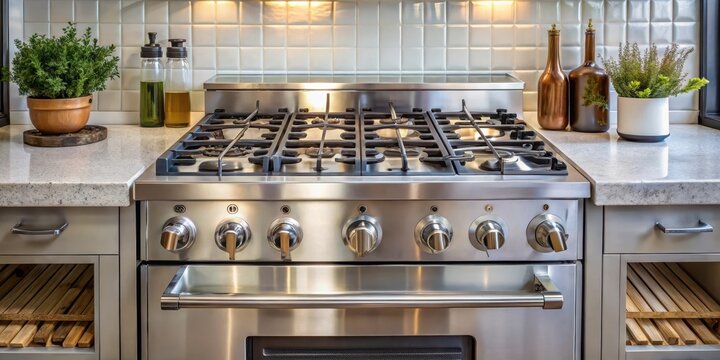 A kitchen gas stove with a large oven in the background, featuring multiple knobs and burners on each side of the stovetop