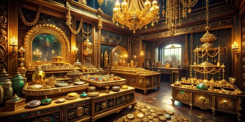 Opulent gold chamber filled with glittering gemstones and rare historical relics in a lavish display of wealth and sophistication, shimmering jewels, priceless artifacts