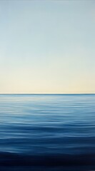 A minimalist oil painting of the ocean, with a gradient from deep blue to light sky-blue, capturing its vastness and serenity. The focus is on smooth lines that suggest depth in the water's surface,