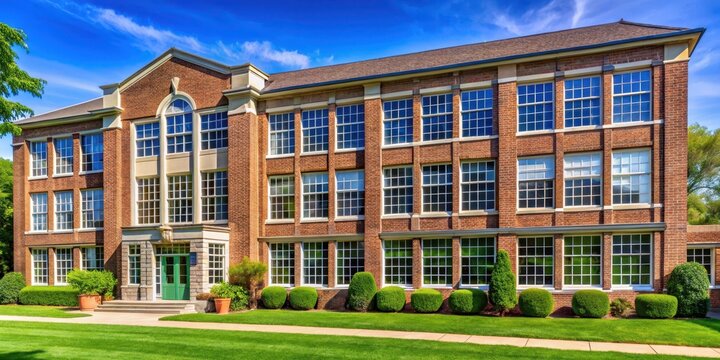 Traditional school building with large windows on a brick facade in front of greenery , window lighting, large windows