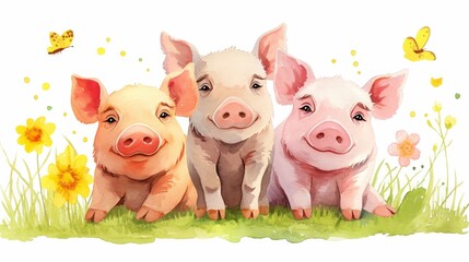Three little pigs in the meadow, cute and adorable, watercolor clipart with a white background and defined edges., high quality, multi-detail, HD, 8K,