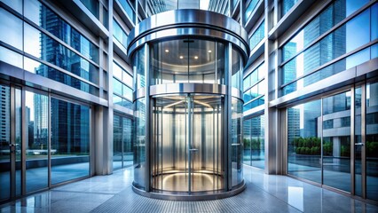 Sleek glass elevator with a cylindrical shape glides smoothly up and down in modern skyscraper , sleek, elevator