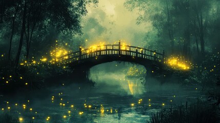 Mystical bridge illuminated by fireflies in the tranquil forest landscape
