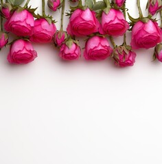 Fototapeta premium Pink roses on a white background, a Valentine's Day theme. The flowers are a vibrant pink color against the white space at the top of the frame. This high-resolution,
