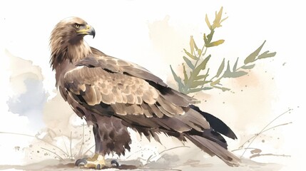 A painting of an eagle standing on the ground, in the style of traditional Chinese ink wash, simple and elegant, with a blank background. The light gray color tone creates a sense of softness,