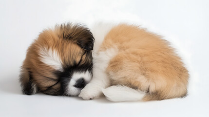 A small brown and white puppy is sleeping on a white background