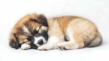 Fototapeta premium A brown and white puppy is sleeping on a white surface