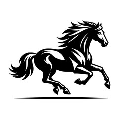 An elegant black horse in full gallop, showing speed and grace