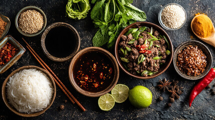Asian cuisine food photography with rice meat spices and herbs for restaurant menu and food blog 