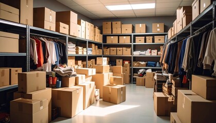 Organized chaos cardboard boxes in a bright storage room featuring shelves and clothing racks