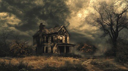 Abandoned house under stormy sky