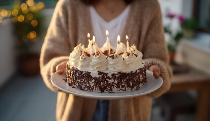 Woman holding a birthday cake with candles lit.