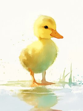 A cute little duckling stands on the water, in the style of Chinese ink painting, with a light green and yellow color scheme, a simple background, a watercolor hand-painted illustration,