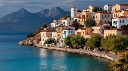 Symi harbor hillside village idyllic Greek isle