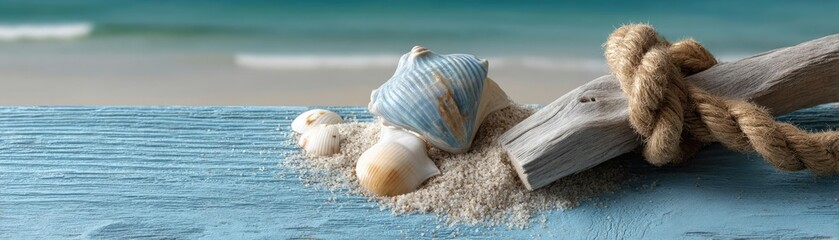 Beach scene on blue wooden with seashell and rope concept. Close-up of seashells on a wooden surface by the beach.