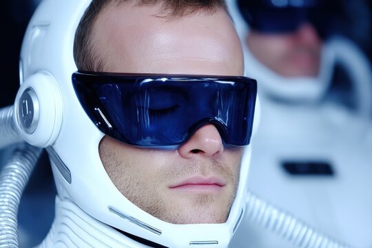 A man in a futuristic white spacesuit with a helmet and visor, possibly preparing for a space mission. - Powered by Adobe