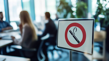 Fototapeta premium No Smoking Sign in Office with People Meeting in Background