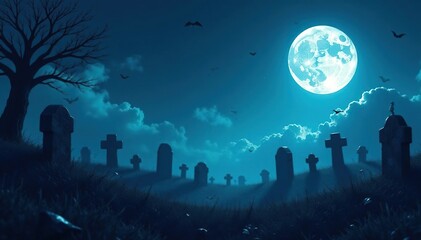 Naklejka premium Spooky graveyard at night with tombstones and a full moon Perfect for Halloween projects , stone, atmosphere