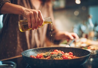 Woman drizzling oil over a vibrant pasta dish.