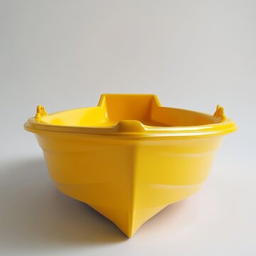 A yellow plastic boat, solid color background, front view, high-resolution photography, minimalist style, studio lighting, white background, product display, empty space at the top of the picture,