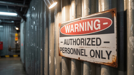 Warning sign on metal wall in industrial power plant area restricting access to authorized personnel only for safety