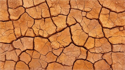 Dry, cracked earth with an orange-brown hue, showing severe drought and dehydration of soil.