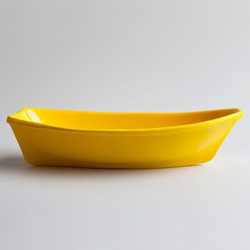 A yellow, plastic, boat-shaped serving dish on a white background. Product photography with studio lighting, side view, in a minimalist style with a solid color background.