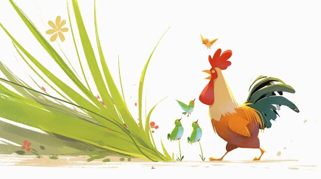 An anthropomorphic rooster playing with two hummingbirds next to long green flowers on the ground, against a white background, in a simple style with minimal lines and colors,