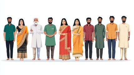 Fototapeta premium A group of people standing in a row, wearing traditional Indian attire, against a white background.