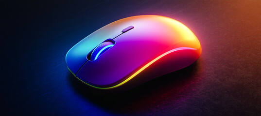A computer mouse illuminated with vibrant neon lights creates a futuristic look, ideal for a tech mockup presentation.