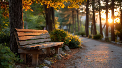 Naklejka premium Tranquil park bench bathed in golden sunlight