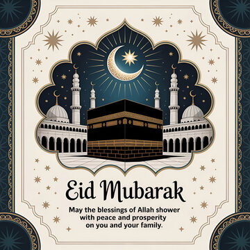 Golden Mosque Under Crescent Moon with Kaaba, A beautifully designed Eid Mubarak greetings card, luxury background.