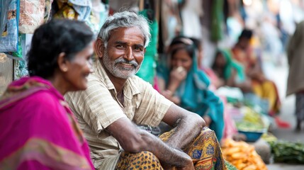 An elderly couple sitting on a bench in a bustling market, with a woman wearing a pink sari and a man in a white shirt and patterned trousers.