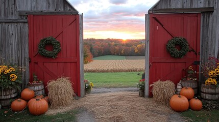 Autumn sunset with barn doors, and harvest.