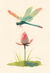 A dragonfly hovers above the lotus bud, in the style of Chinese ink painting, with a watercolor paper texture and a white background. The artwork features simple lines, a green and pink color scheme,