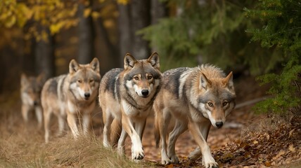 Obraz premium A captivating pack of grey wolves emerges from the autumn forest thicket