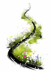 A simple black ink brush stroke forming the shape of an abstract road, with green grass and colorful flowers on both sides, in a watercolor style. The vector illustration features a white background,