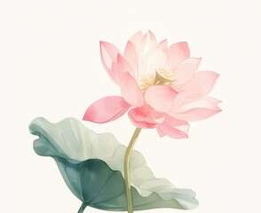 A watercolor painting of a single pink lotus flower with a green leaf and stem, set against a white background with pastel colors, in the style of minimalistic drawings., high quality, multi-detail,