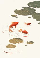 A group of small red carp, swimming in the water with lotus leaves floating on it, in the style of Chinese-style illustration, flat illustrations, pure white background, simple strokes,