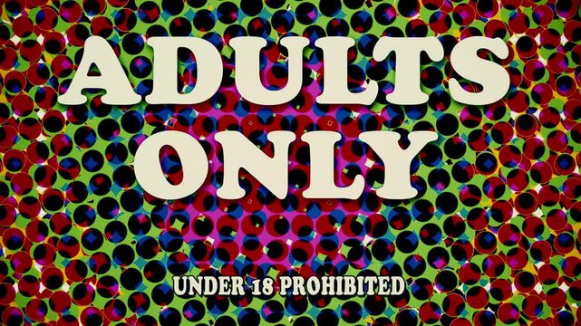 Adults only warning animation, in the style of retro vintage animation as seen in grindhouse cinema theaters from the 1960's-1980's.